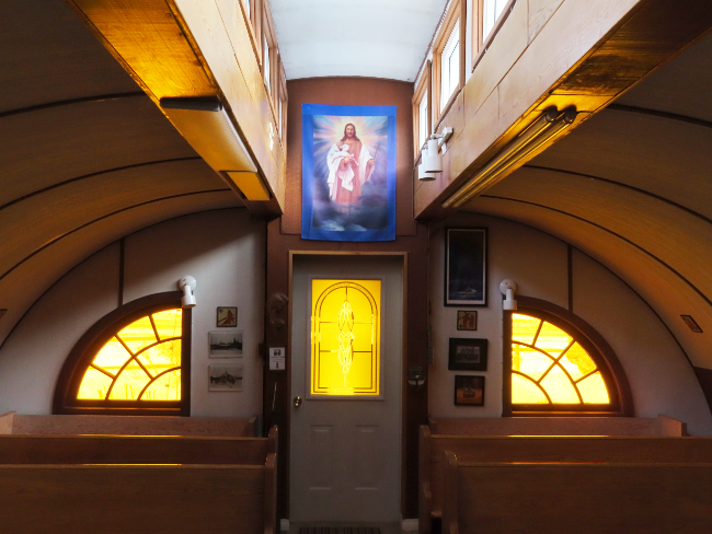 Looking  back at the entrance of Our Lady of the Way Catholic Church on February 6, 2026. Photo by Murray Lundberg.