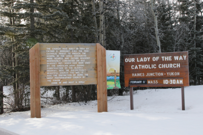 Signs at Our Lady of the Way Catholic Church on February 6, 2026. Photo by Murray Lundberg.