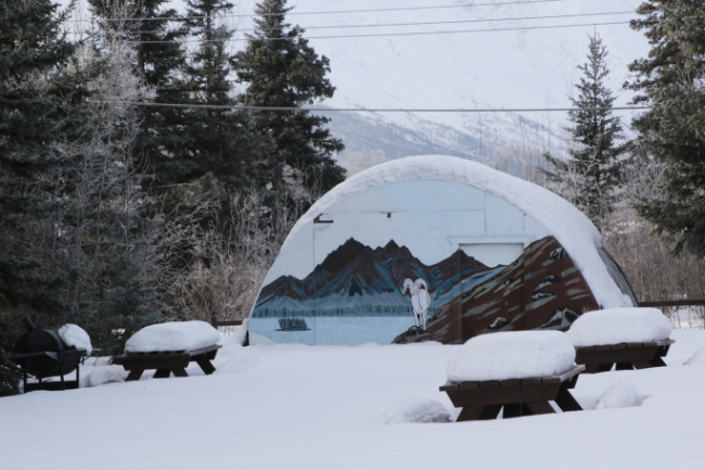 n outbuilding and picnic tables behind Our Lady of the Way Catholic Church on February 6, 2026.
Photo by Murray Lundberg.