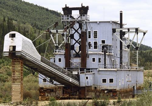 General view of Dredge No. 4 showing the systems associated with the vessel's structure and function as mining equipment, 2000. Photo by JF Bergeron, via Parks Canada.