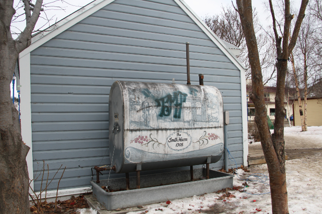 The furnace-oil tank behind Smith House, February 19, 2017. Photo by Murray Lundberg.