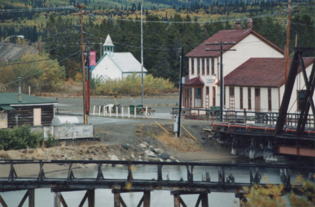 The train station and Anglican church at Carcross, Yukon, on September 11, 1996. Photo by Murray Lundberg.