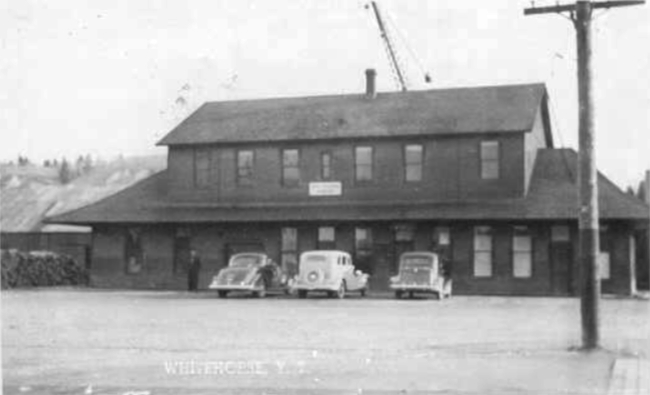 White Pass and Yukon Route railway depot. Postcard, 1940s.