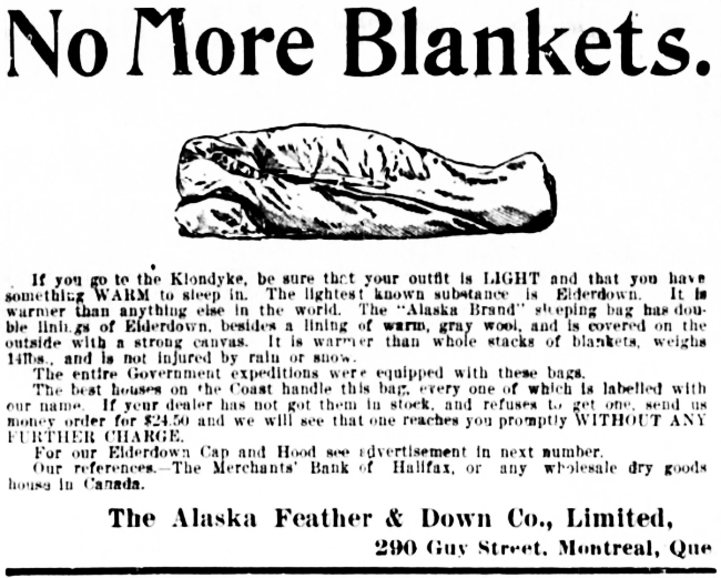 Alaska brand eiderdown sleeping bag for the Klondike, 1898
