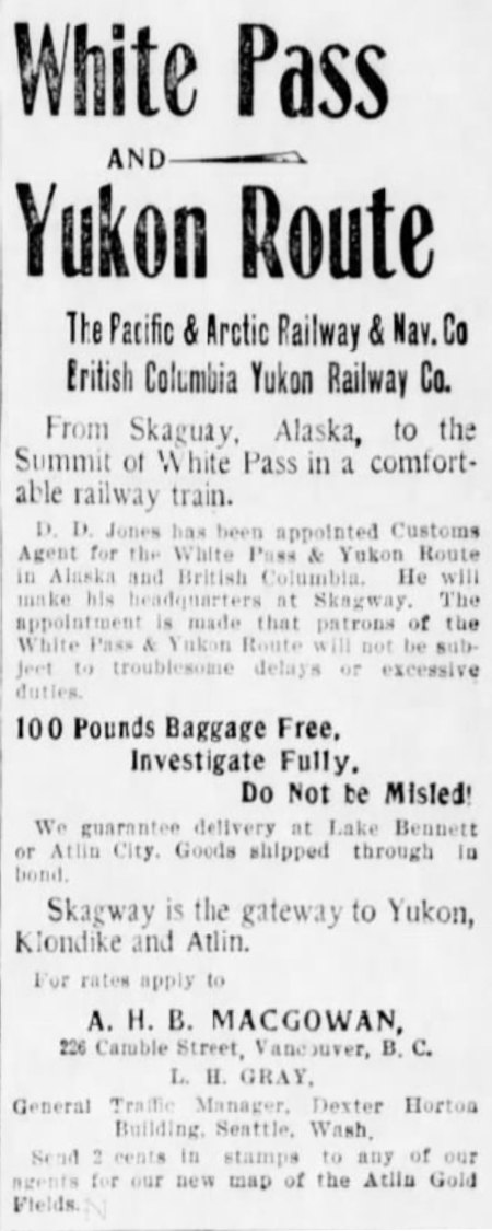 White Pass & Yukon Route ad, 1899