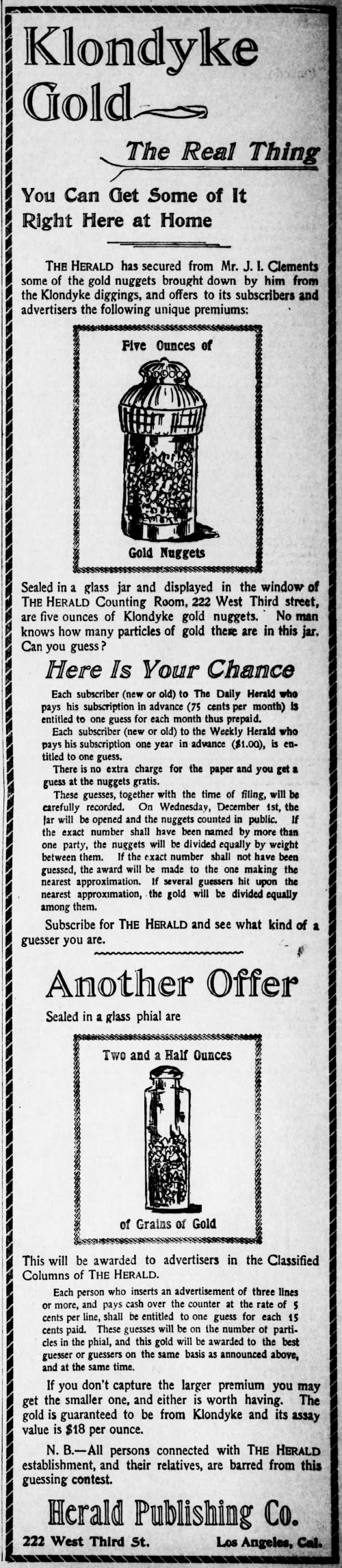 Los Angeles Herald's Klondyke Gold Promotion, 1897
