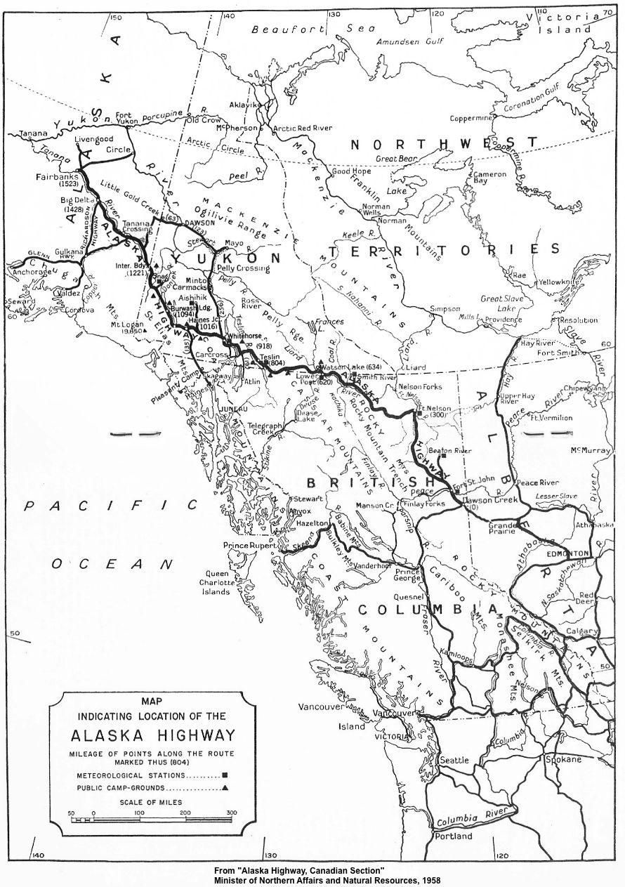 Map of Alaska Highway, 1958