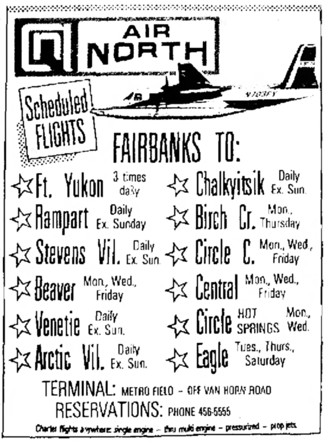 Air North scheduled flights from Fairbanks to 12 villages, March 1976