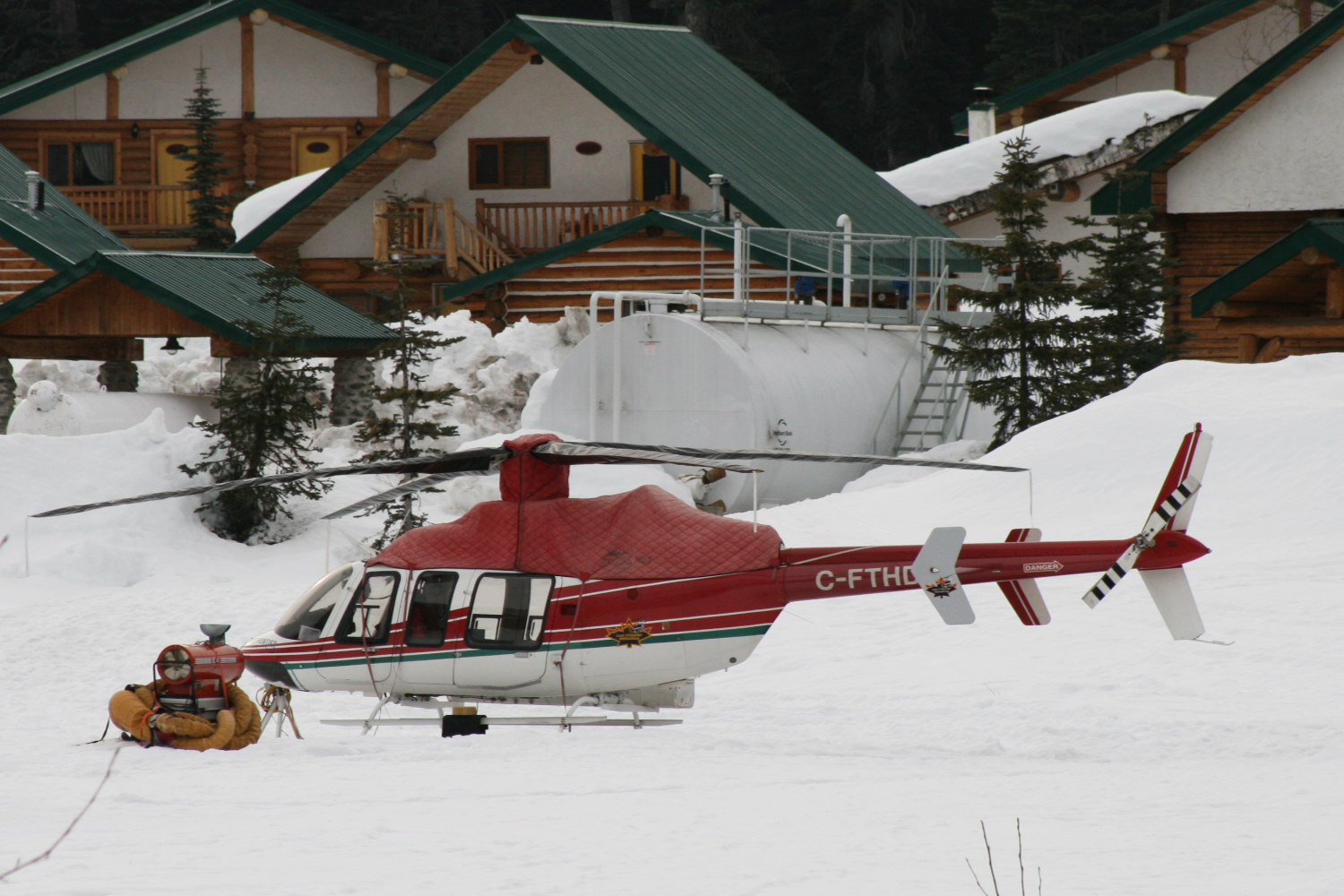 C-FTHD, a Bell 407 operated by Last Frontier Heliskiing, at the Bell II Lodge on the Stewart-Cassiar Highway in British Columbia on April 23, 2008.