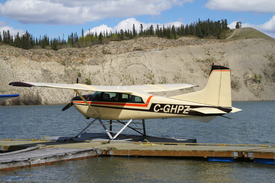 C-GHPZ, a 1973 Cessna A185F owned by Leif Austad (YT), at Schwatka Lake, Whitehorse, Yukon (CEZ5), on May 21, 2020.