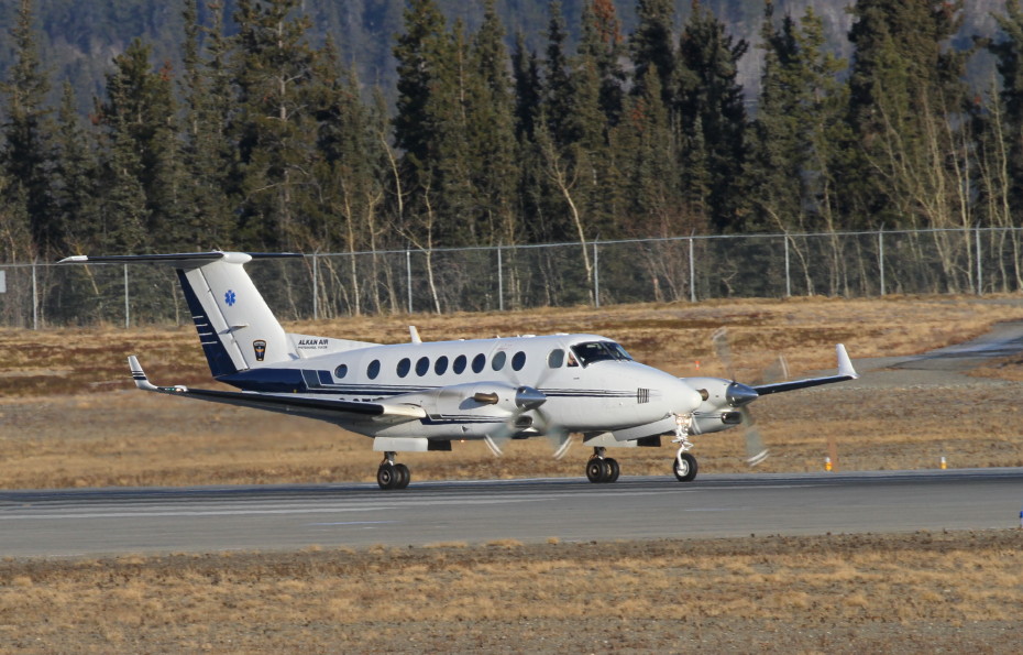 C-GTEM, Alkan Air's Beech Super King Air 350 medevac, taking off at Whitehorse, Yukon (CYXY) on November 5, 2019.