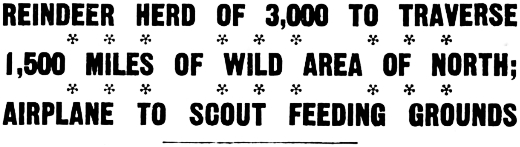 Headline: Reindeer Herd of 3,000 to Traverse 1,500 Miles of Wild Area of North; Airplane to Scout Feeding Grounds, 1929