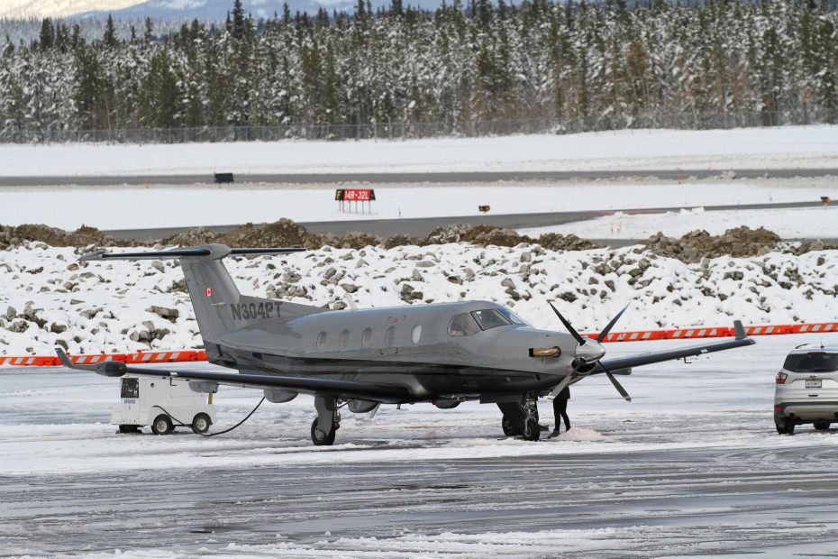 Ruby Air's Pilatus PC-12/45 N304PT on the snowy ramp at Whitehorse, Yukon, on October 7, 2019.