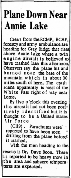 Plane Down Near Annie Lake - November 23, 1961