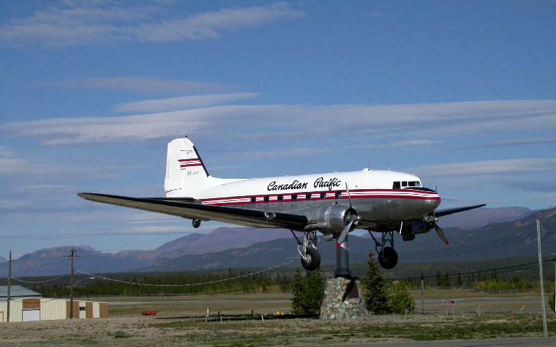 This Douglas DC-3, registration CF-CPY, has been mounted on a swivel at the Whitehorse, Yukon airport.