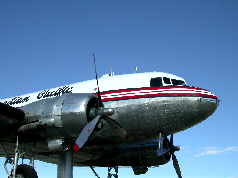 This Douglas DC-3, registration CF-CPY, has been mounted on a swivel at the Whitehorse, Yukon airport.