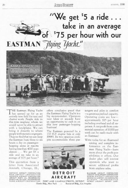 Ad for Eastman Flying Yacht seaplane - Aero Digest, August 1930.