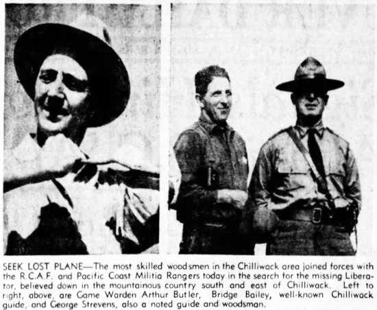 Photo: Game Warden Arthur Butler, Bridge Bailey, well-known Chilliwack guide, and George Strevens, also a noted guide and woodsman, 1945