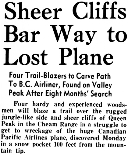Headline: Sheer Cliffs Bar Way to Lost Plane, 1943