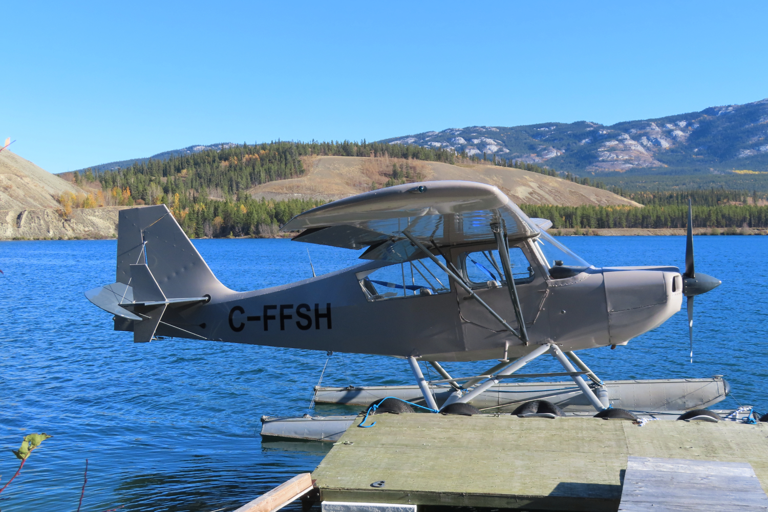 C-FDAR, a 1970 Champion 7GCBC on floats, at Schwatka Lake (CEZ5), Whitehorse, Yukon, on September 27, 2023.
