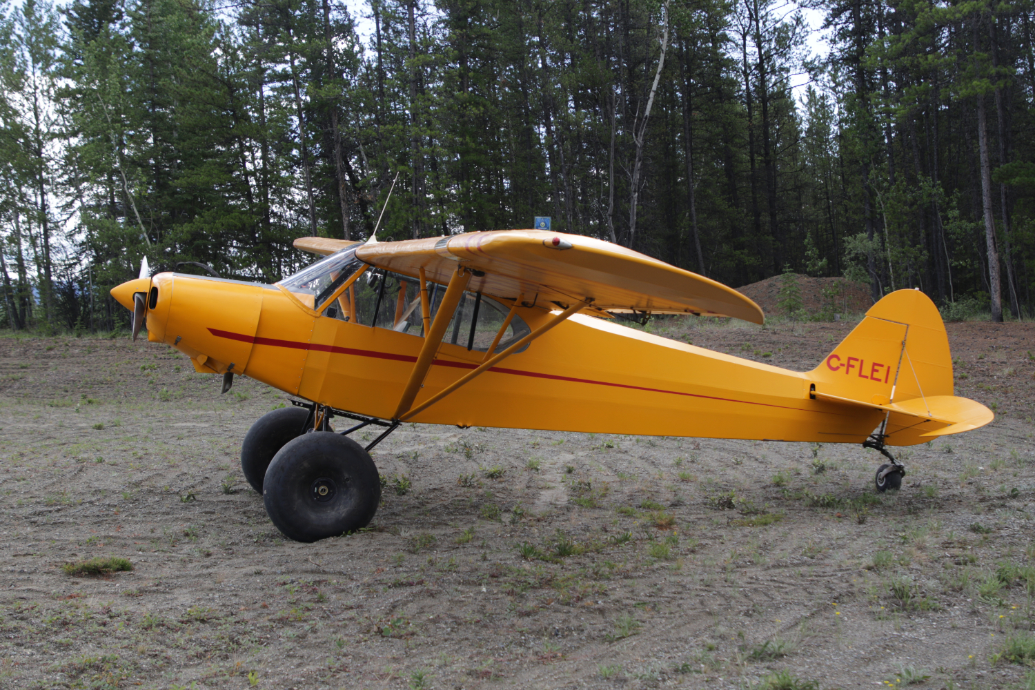 C-FLEI, a 1956 Piper PA-18-150 Super Cub, at Cousins Airport, Yukon (CFP8), on July 25, 2026.
