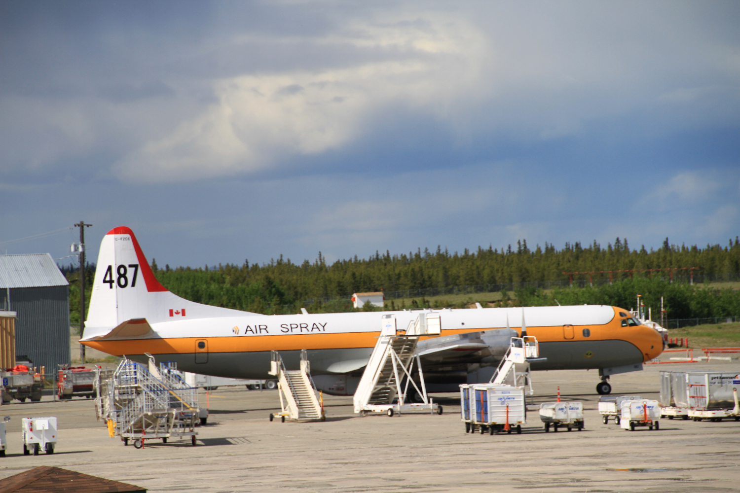Air Spray's Lockheed 188A Electra water bomber C-FZCS at Whitehorse, Yukon on June 17, 2012.