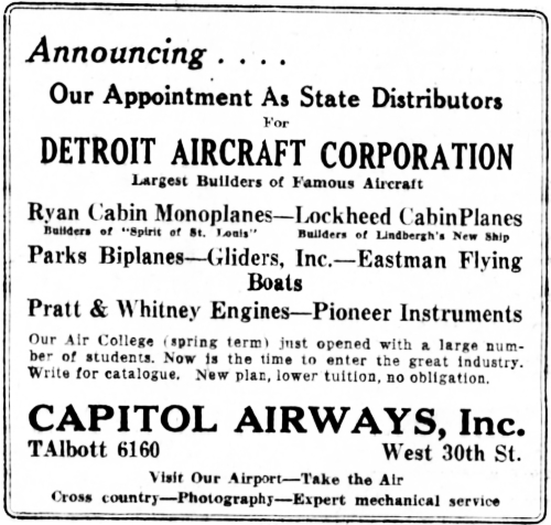 Ad for Capital Airways, Inc. - agents for Eastman Flying Boats and others, 1930.