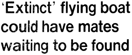 Headline: 'Extinct' flying boat could have mates waiting to be found, 1988