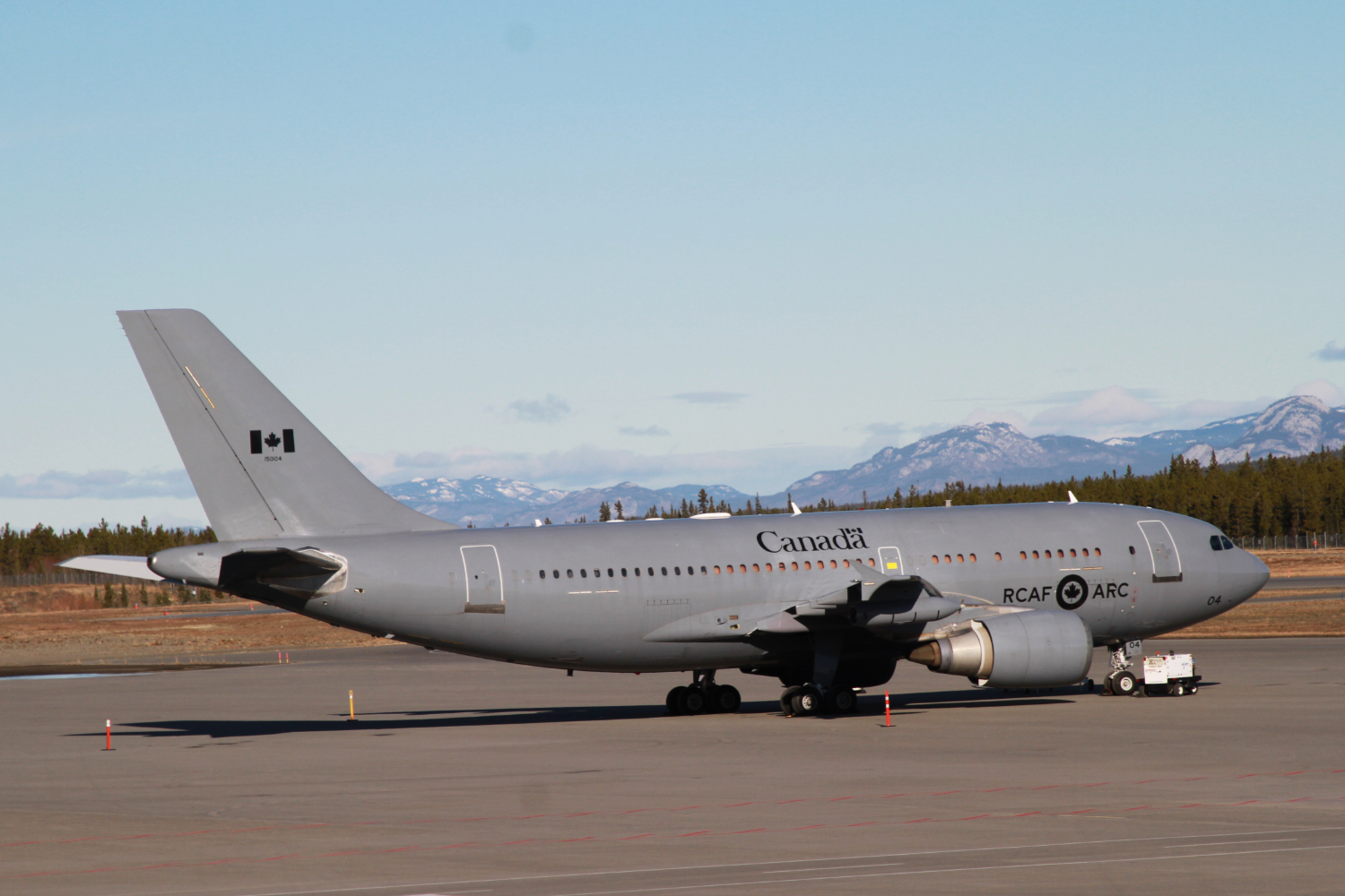 A photo of RCAF CC-150 Polaris aerial refuelling tanker 150004 at Whitehorse, Yukon (YXY), on October 16, 2021.
