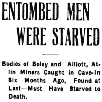 Atlin mine cave-in kills Billy Alliott and Edward Bowley, 1908.
