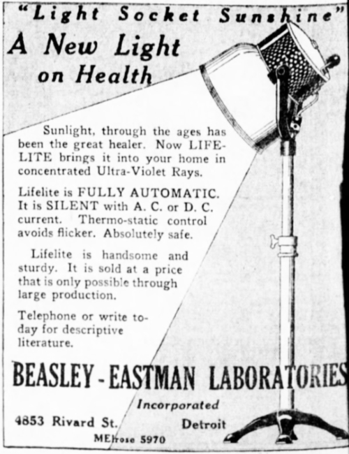 Ad for Beasley-Eastman's 'Light Socket Sunshine' in The Detroit Free Press of June 11, 1928