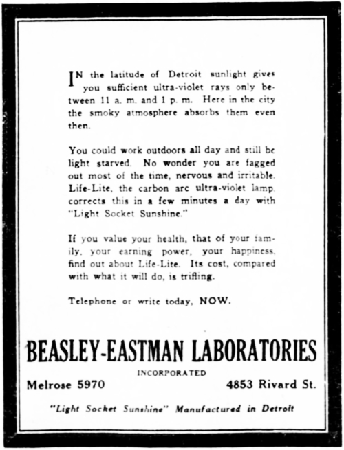 Ad for Beasley-Eastman's 'Light Socket Sunshine' in The Detroit Free Press of June 11, 1928