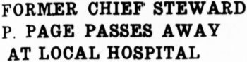 Former Chief Steward P. Page passes away at Whitehorse hospital, 1939