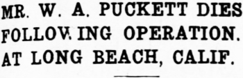 Whitehorse pioneer W. A. Puckett dies in Long Beach, California, 1940