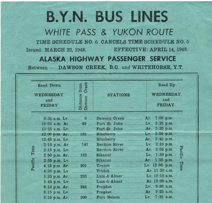 British Yukon Navigation Company - 1948 Alaska Highway Bus Schedule