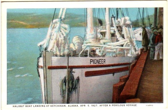 A historic photo of a fishing boat in the winter at Ketchikan, Alaska.