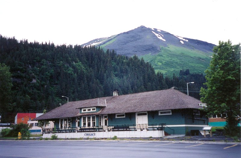 A view of the Alaska Railroad station and Mount Marathon at Seward, Alaska by Murray Lundberg.