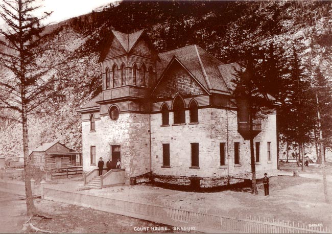 A historic photo of what is now the museum at Skagway, Alaska