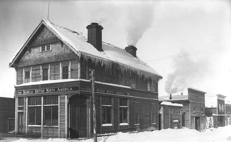 The Bank of British North America and assay office in Atlin, British Columbia in about 1902.
