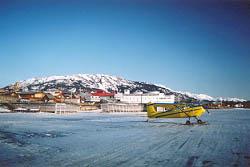 A view of Atlin, BC from the frozen lake.