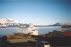 The old lake tour boat Tarahne as she looked in April 2002, as seen from Room 11 of the Atlin Inn - Atlin, BC