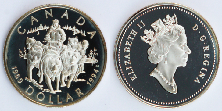 1994 Canadian silver dollar commemorating the final RCMP sled dog patrol in the Arctic