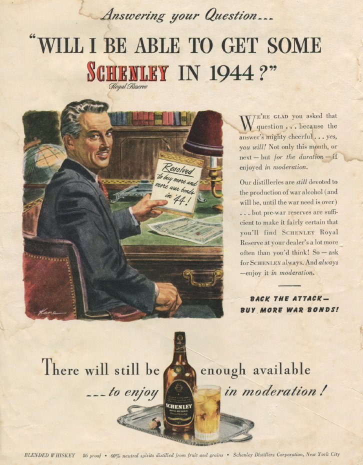 Schenley whiskey ad in January 1944 issue of Sports Afield magazine
