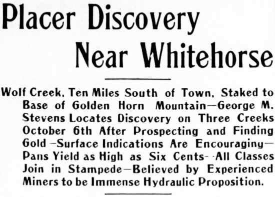 New placer gold discovery on Wolf Creek near Whitehorse, 1913