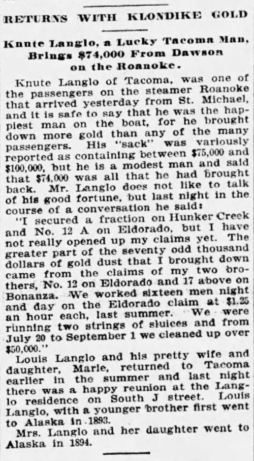 Knute Langlo Returns With Klondike Gold
