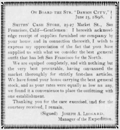 Yukon River steamer Dawson City ad, 1898