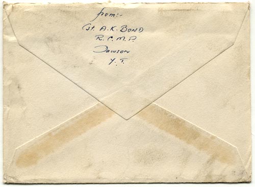 Back of envelope for 1940 Christmas card from Mounted Police constable in Dawson City, Yukon