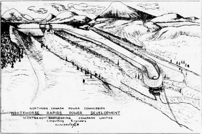 Drawing of the power dam being built at Whitehorse, Yukon, in 1957