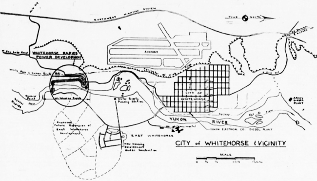 Drawing of the power dam being built at Whitehorse, Yukon, in 1957