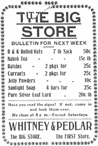 Whitney & Pedlar store ad - Whitehorse, Yukon, May 3, 1911